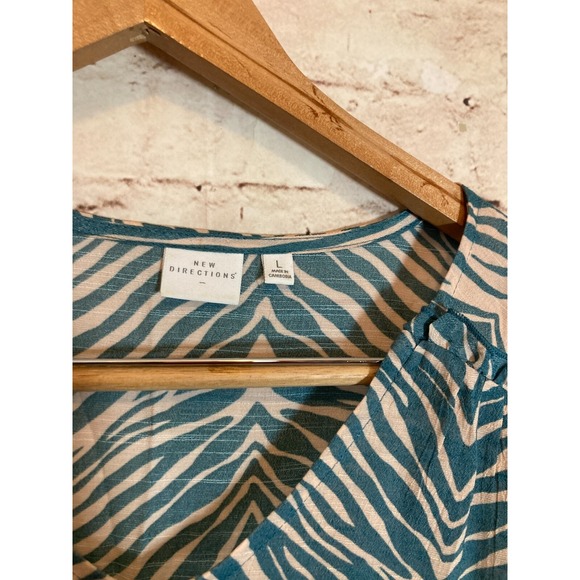 New Directions Babydoll Top Womens Large Teal & Tan Zebra Animal Print Flowy - Picture 4 of 13